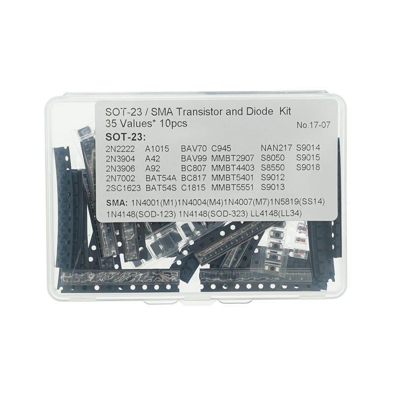 35Kinds*10PCS S9012 9013 9014 9015 9018 8550 8050 BAV70 BAV99 MMBT5551 5401 4403 2907 BAT54A BAT54S 2N2222 3904 3906 7002 A1015 C1815 C945 2SC1623 A92 A42 NAN217 BC807 BC817 M1 M4 M7 SS14 1N4148